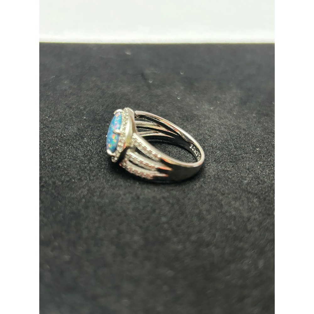 Bomb Party Blue Fire Opal Halo Split Shank Statement Ring Silver Tone Oval Stone - Picture 5 of 6